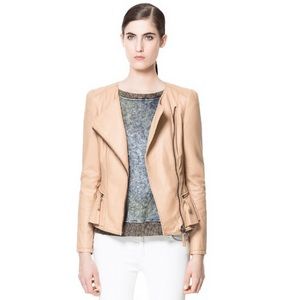 RESERVED ZARA Nude Frill Peplum Leather Jacket